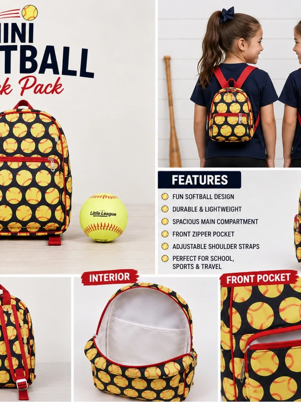Baseball Print Kids Backpack with Red Straps